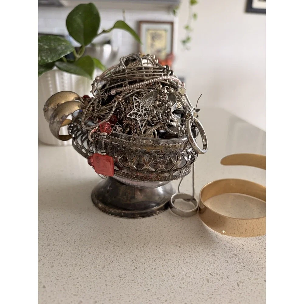 Vtg Mystery Jewelry Jar VTG Vase Mixed Metal Gold & Silver Tone